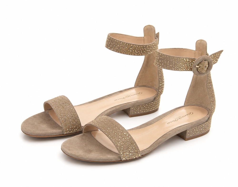 Gianvito Rossi Portofino Flat Sandals Beige Suede Ankle Strap Women's EU 38